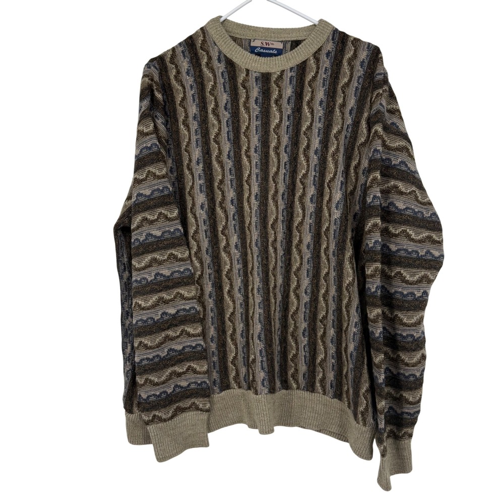 SW Casuals Men's Big Geometric Stripe Knit‎ Sweater Tan Brown Blue XL Grandpa